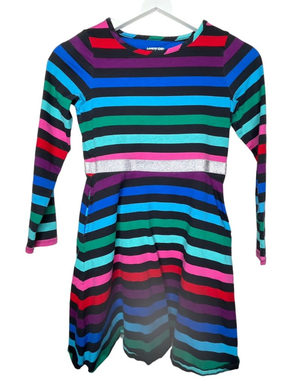 Lands End Girls 10 12 Striped Cotton Dress Long Sleeve Colorful Preppy